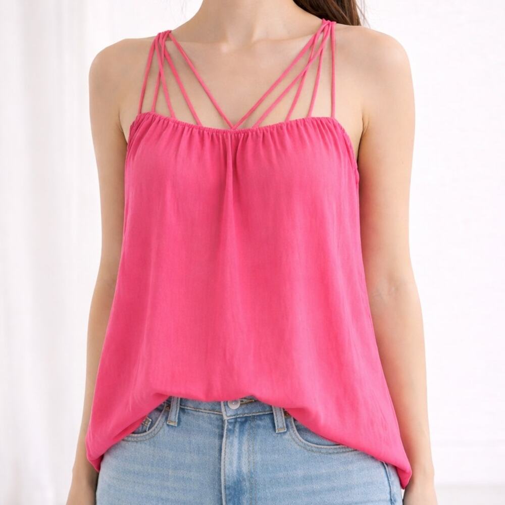 NEW Kori America Boho Strappy Blouse Hot Pink‎ Women Medium Flowy Vacation Top